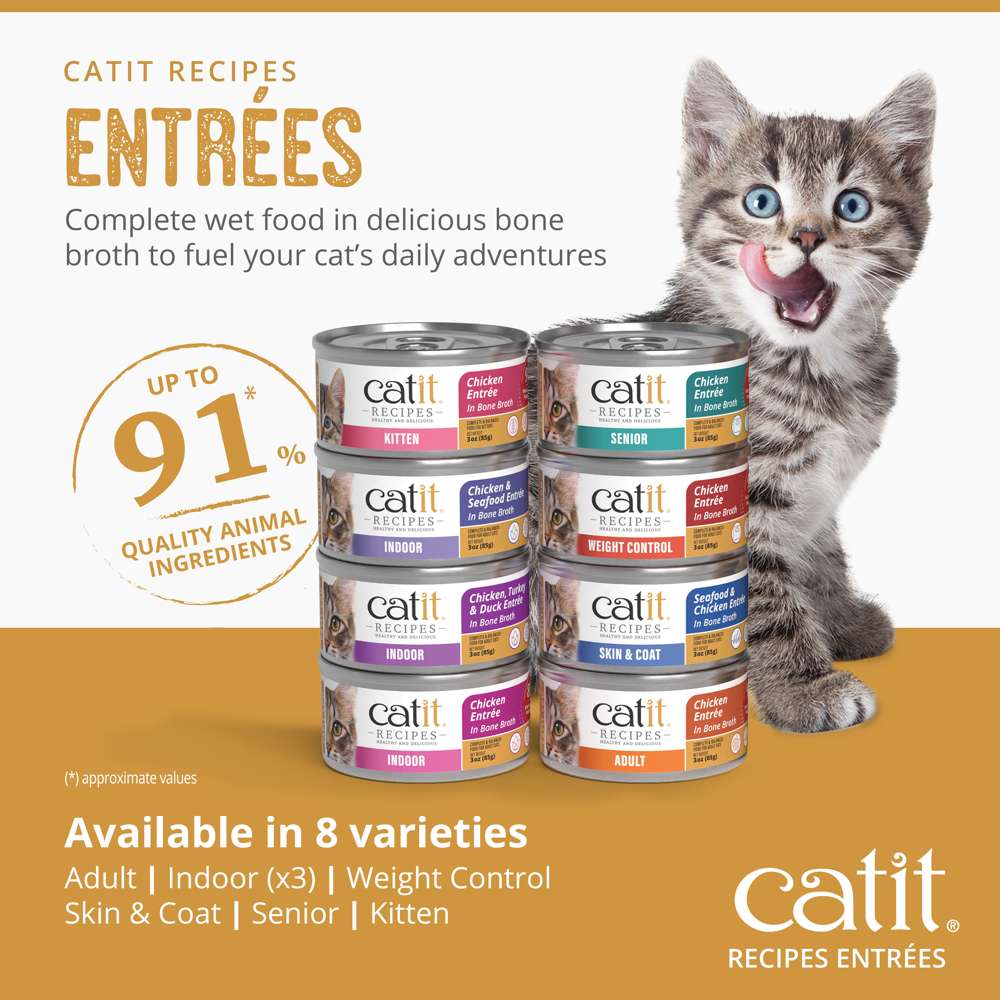 Case of Catit Recipes Skin & Coat Seafood & Chicken Entrée in Bone Broth for Adult Cats