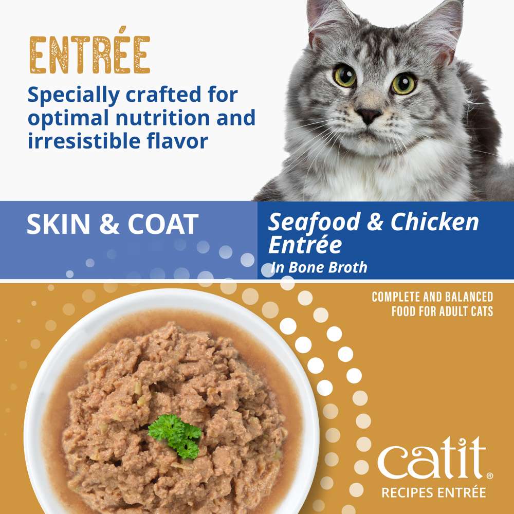 Case of Catit Recipes Skin & Coat Seafood & Chicken Entrée in Bone Broth for Adult Cats