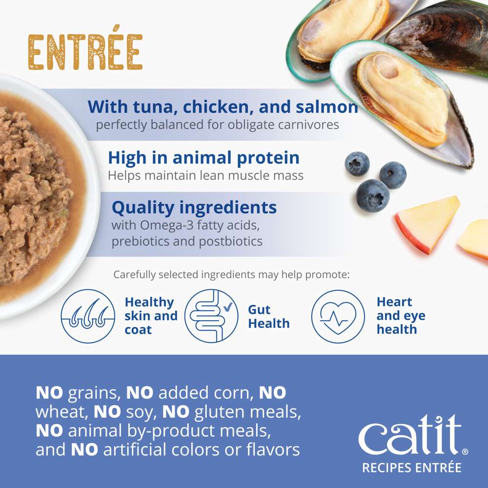 Case of Catit Recipes Skin & Coat Seafood & Chicken Entrée in Bone Broth for Adult Cats