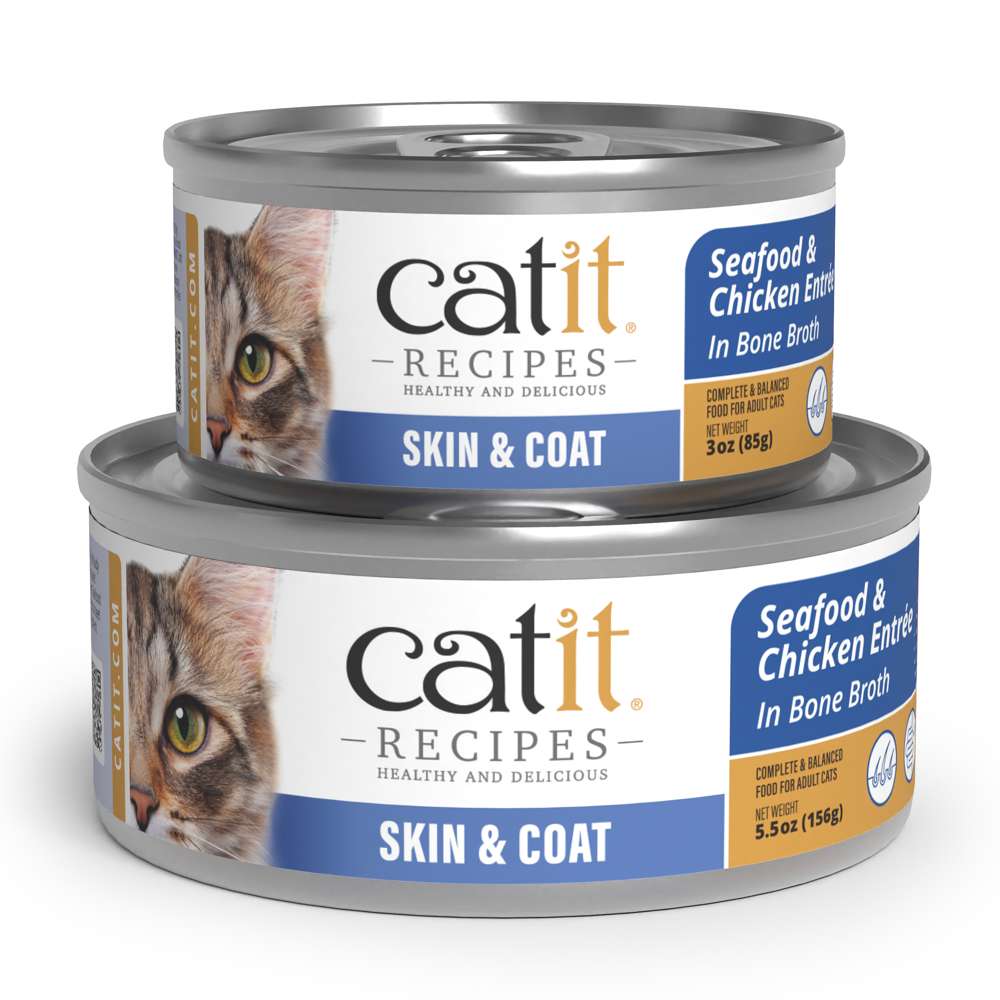 Case of Catit Recipes Skin & Coat Seafood & Chicken Entrée in Bone Broth for Adult Cats