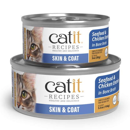 Case of Catit Recipes Skin & Coat Seafood & Chicken Entrée in Bone Broth for Adult Cats