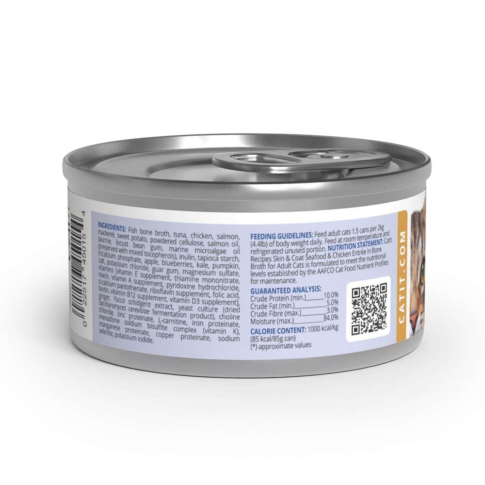 Case of Catit Recipes Skin & Coat Seafood & Chicken Entrée in Bone Broth for Adult Cats